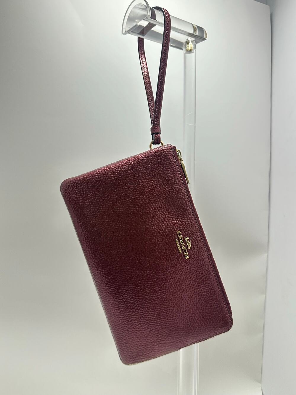 Coach F87587 Double Zip Wristlet Metallic Wine Burgundy Pebbled Leather Gold